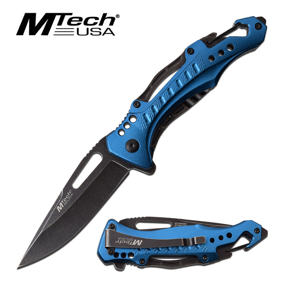 Mtech Pocket Knife Bottle Opener Spring Assisted Knife Blue