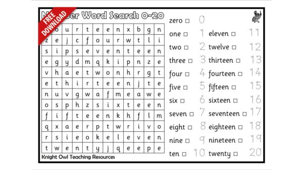 Number Word Search 0-20