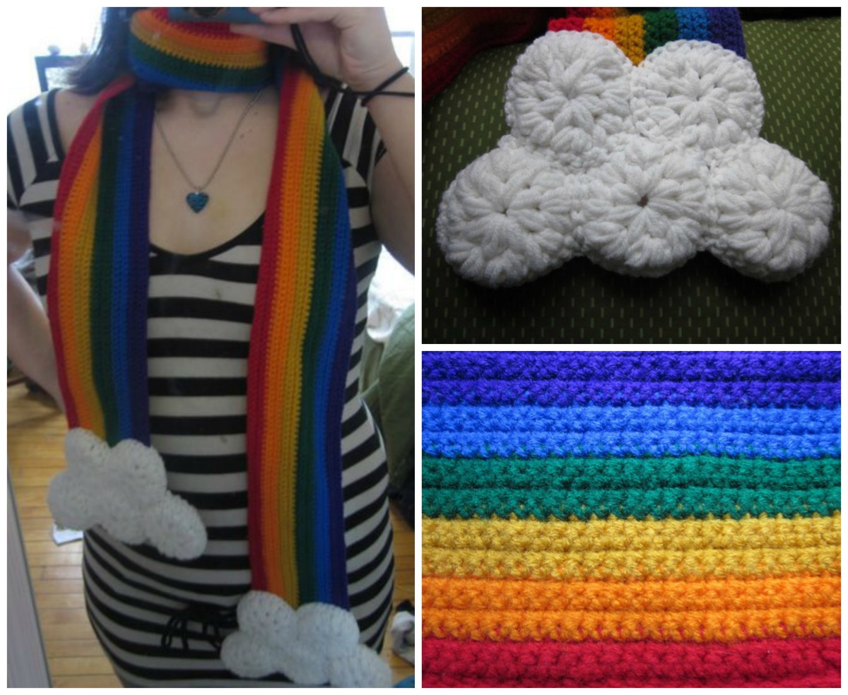 Crochet Rainbow Scarf Features Fluffy Clouds, Get The Free Pattern