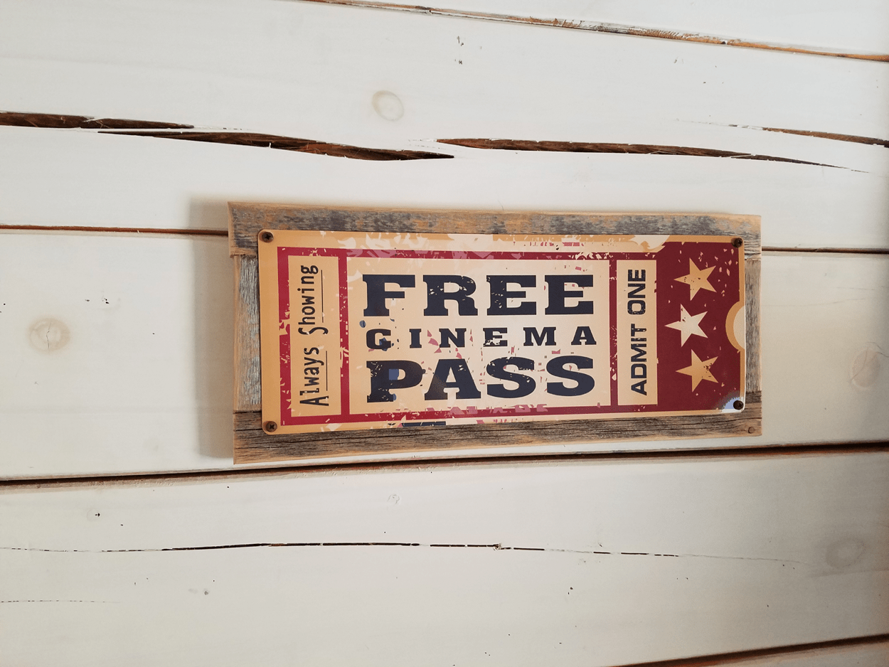 Review Unique Free Cinema Pass Metal Sign From Homebody Accents