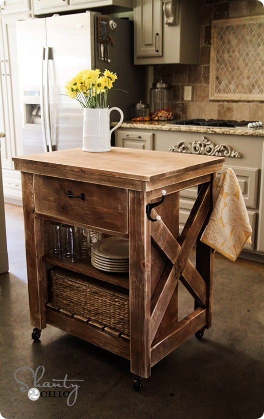 Rustic Wood Kitchen Island with Casters