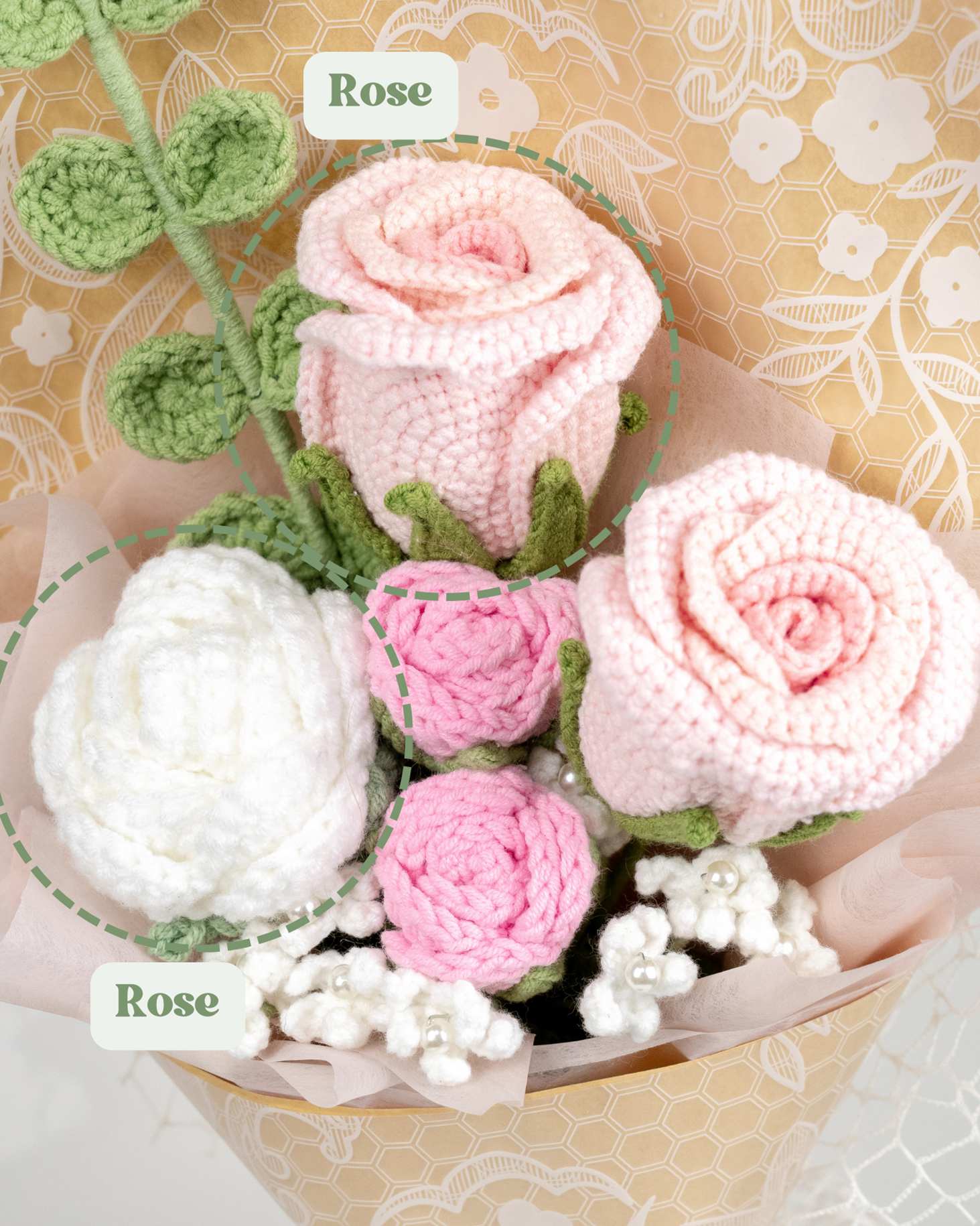 Handmade Crochet Pink Rose Bouquet Knot Knot Bloom