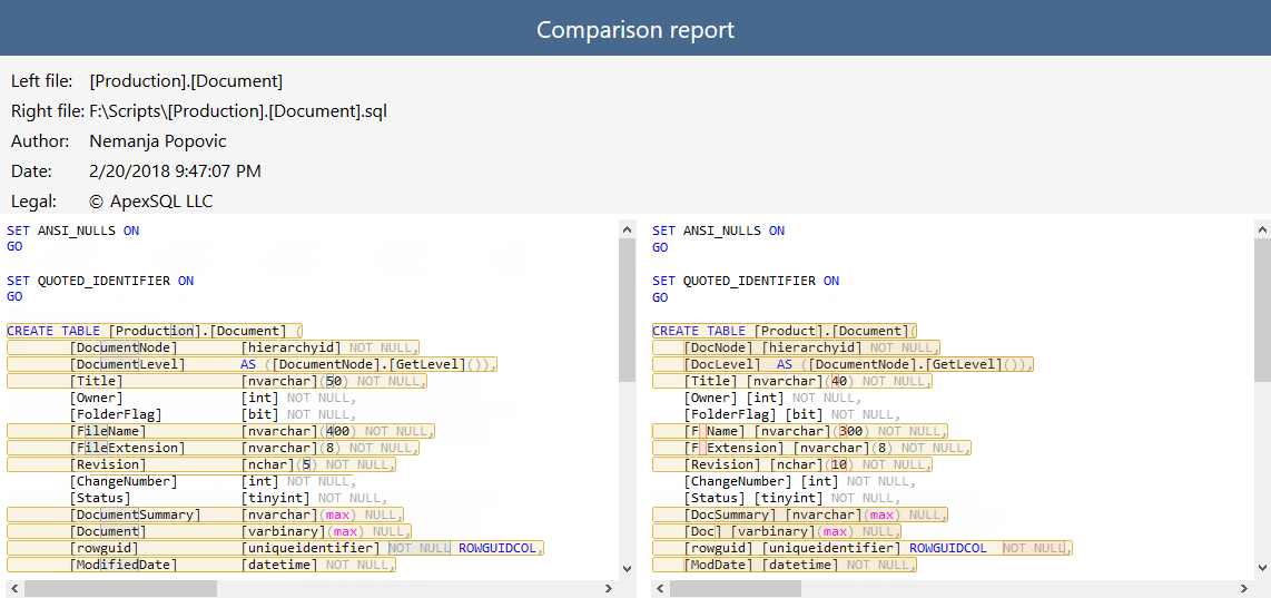 How to compare two SQL scripts/objects and export comparison results