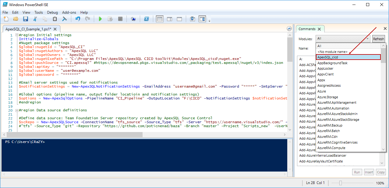 ApexSQL CI/CD toolkit PowerShell scripts initial setup and configuration