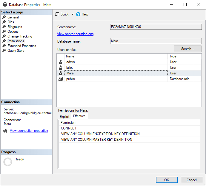 Minimal permissions for Amazon RDS in database source control