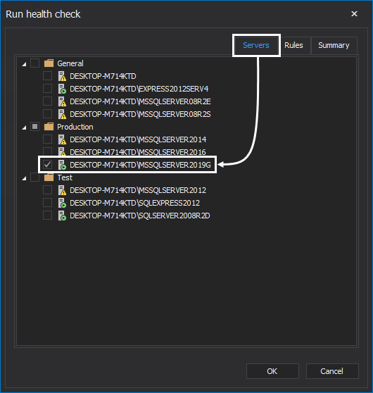 Perform health check analysis on SQL Server instance databases