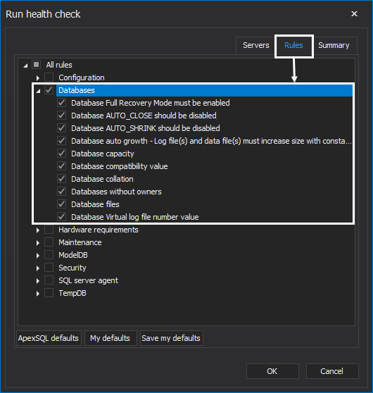 Perform health check analysis on SQL Server instance databases