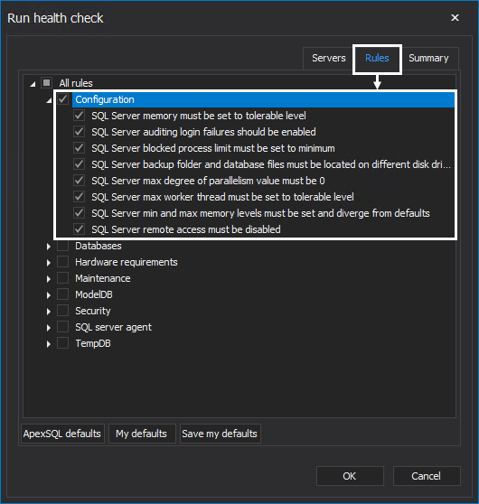 Perform health check analysis on SQL Server instance configuration