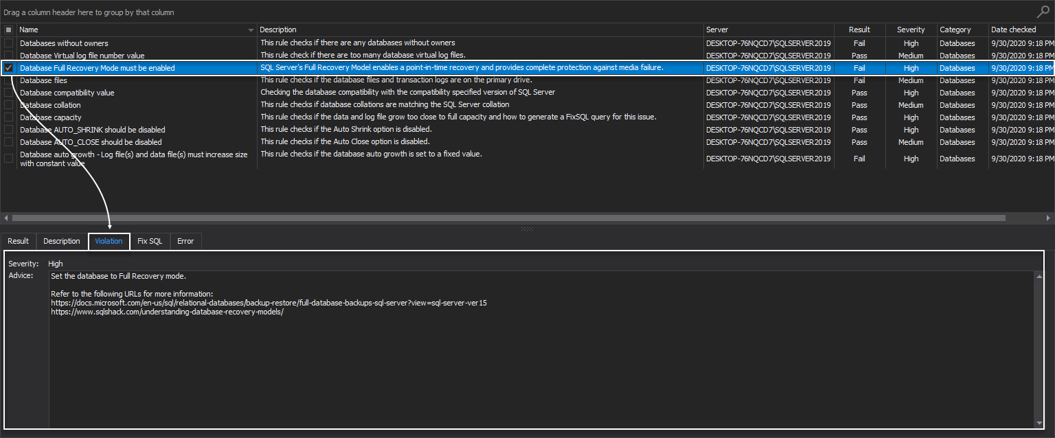 Walkthrough example for applying FixSQL against SQL Server instance