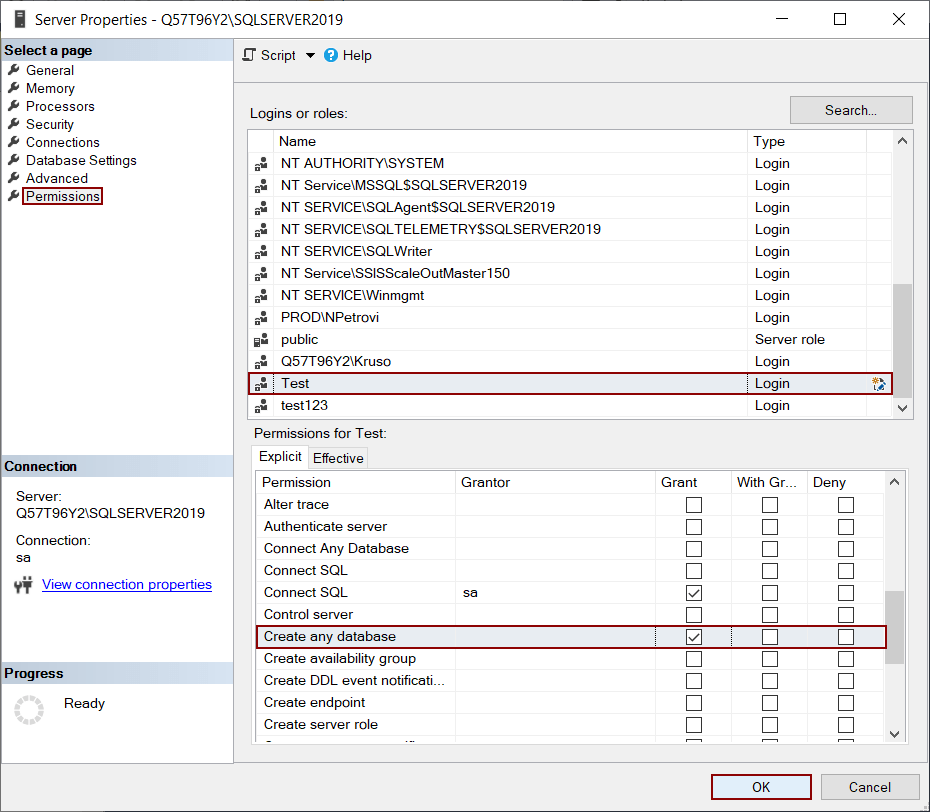Minimal permission to create SQL database