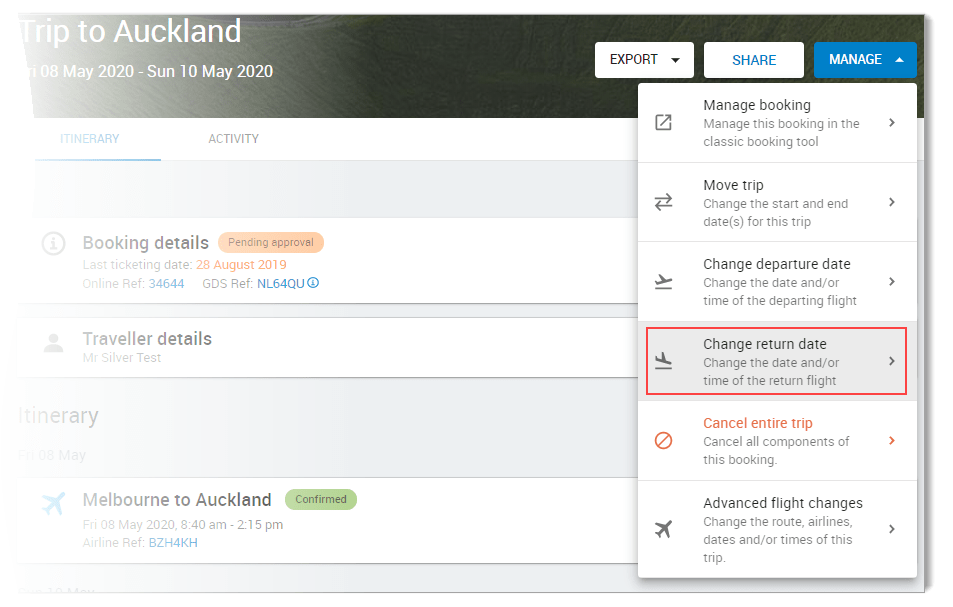 Change Date/Time of Returning Flight Zeno Knowledge Base