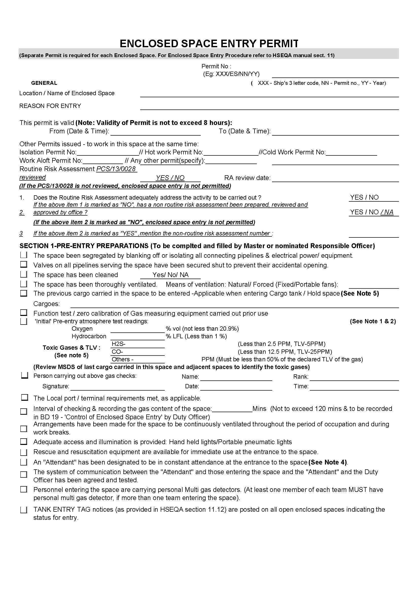 Enclosed Space Entry Knowledge Of Sea