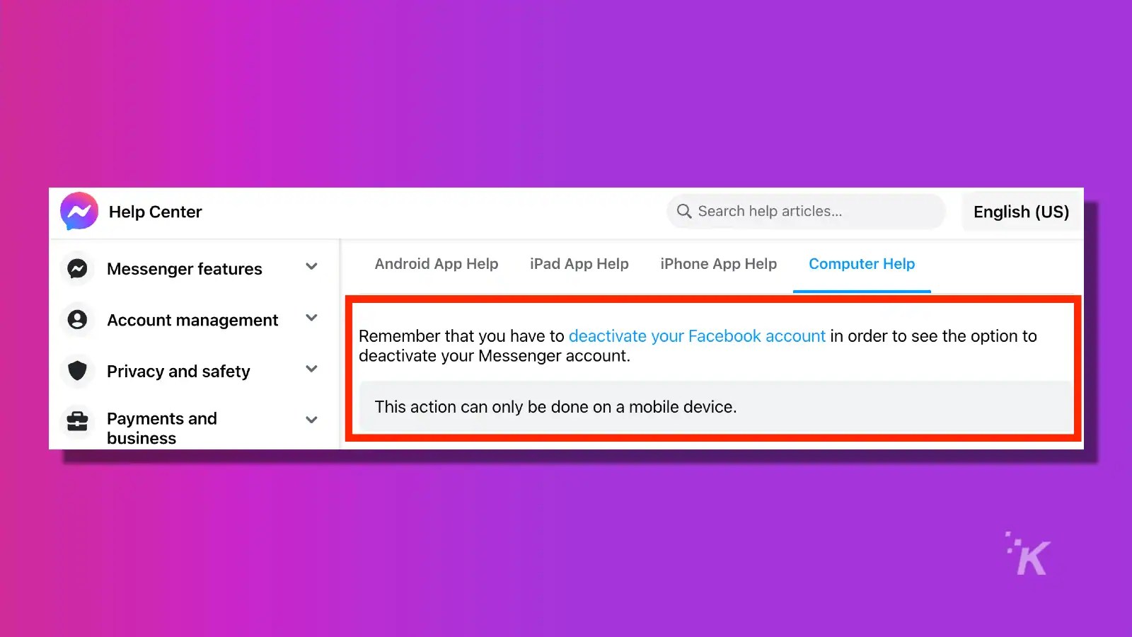 How to deactivate Facebook Messenger