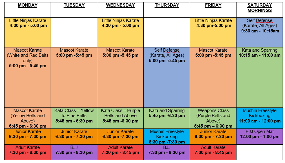 Timetable Kobura Karate Martial Arts