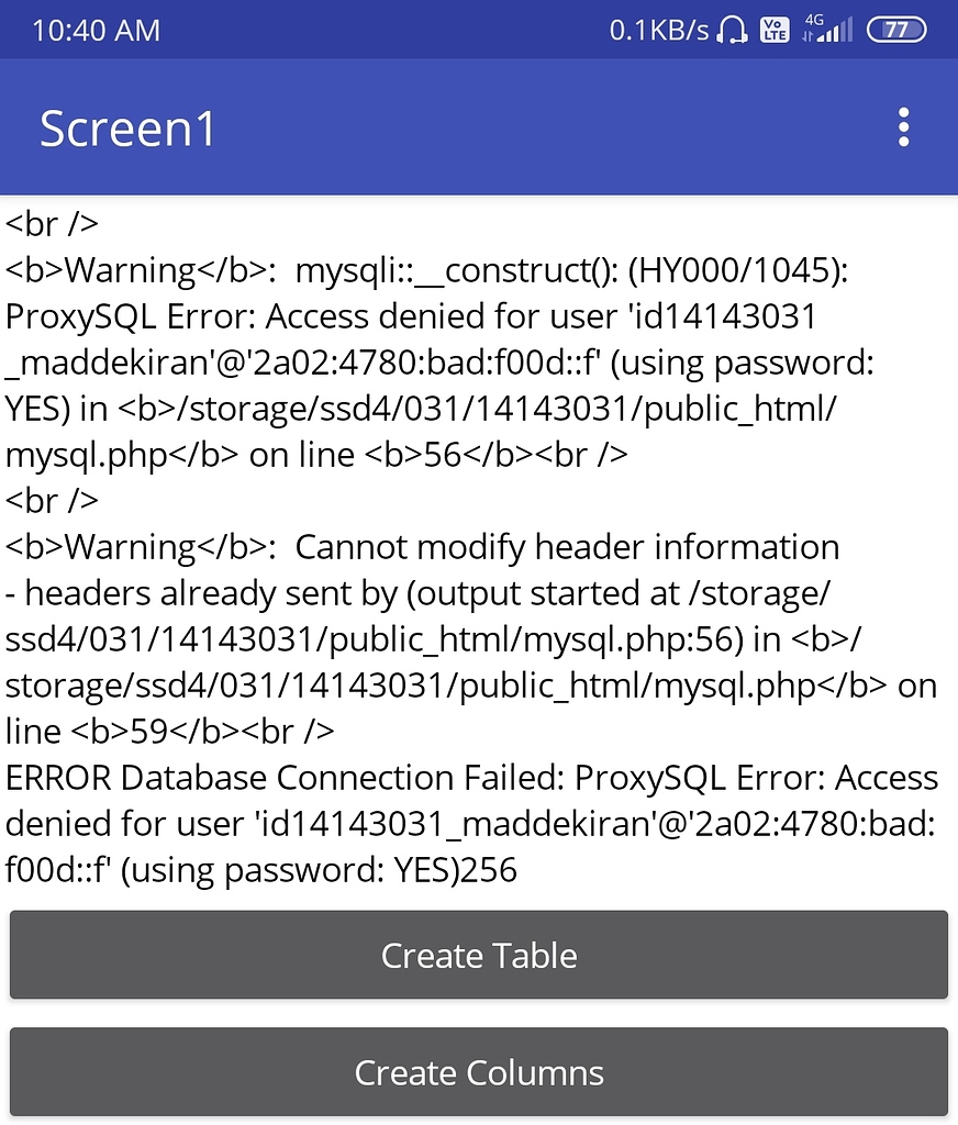 MySql database connection failed Access denied Discuss Kodular