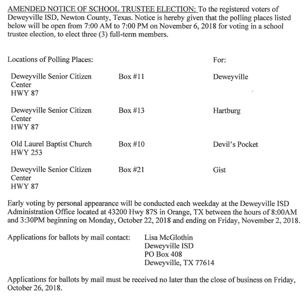 Deweyville ISD Changes Voting Box Location KOGT