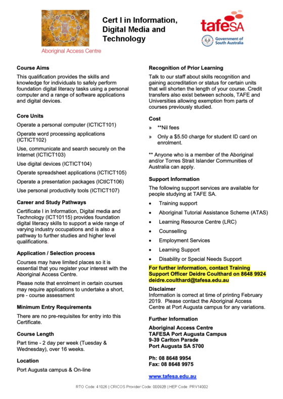 TAFE SA Cert I Information, Digital Media and Technology Kokatha