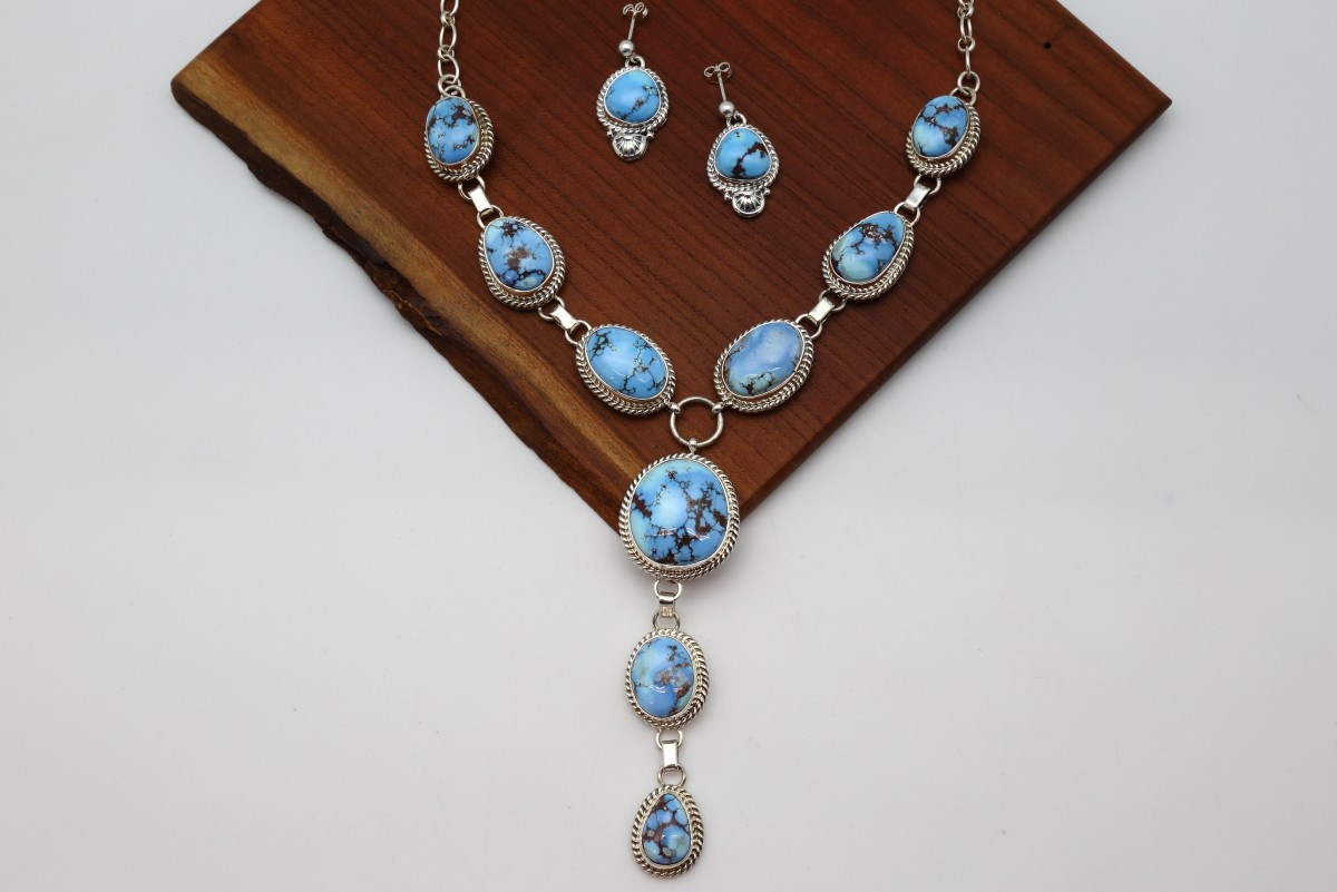 Navajo Golden Hill Turquoise Lariat Necklace Earring Set Native