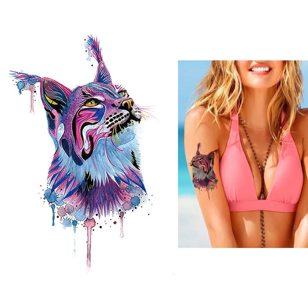 Tatouage Provisoire Chat Lynx Violet Aquarelle Kolawi