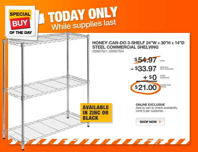 HomeDepot 3Shelf Commercial Shelving Unit Only 21 + Free Shipping
