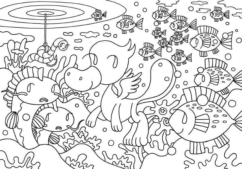 湖底・魚・ナマズ・鯰・ミミズ・アヒル湖・水中 無料イラスト塗り絵