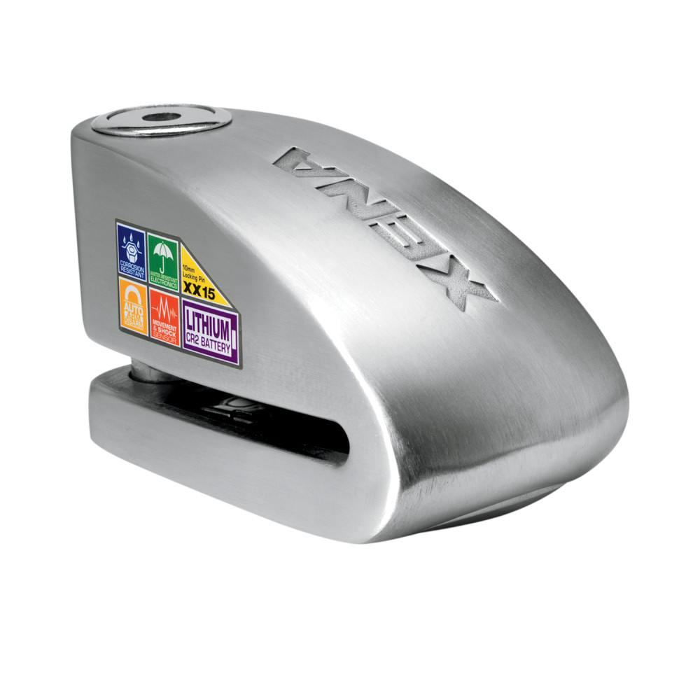 Xena XX15SS Stainless Disk Lock with Alarm 18mm Pin Konquer Motorcycles