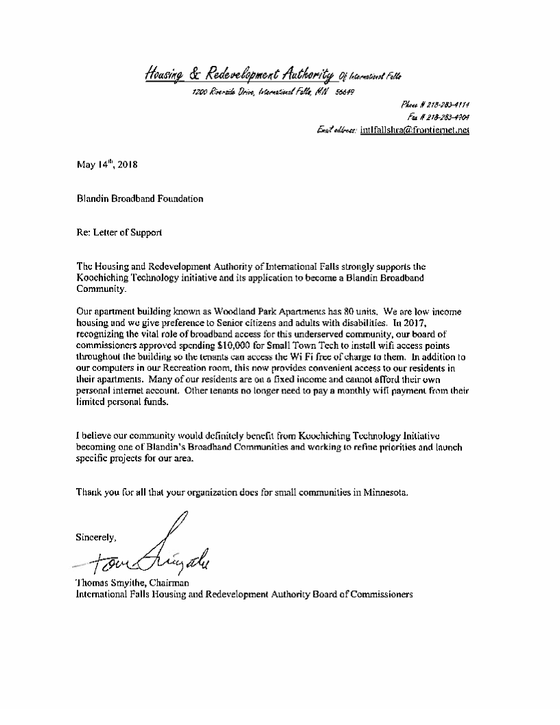 Letters of Support Koochiching Technology Initiative