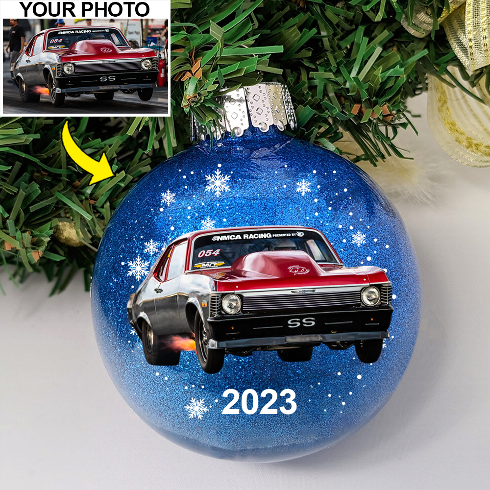 Personalized Photo Drag Racing Lovers Glitter Plastic Ornament, Drag