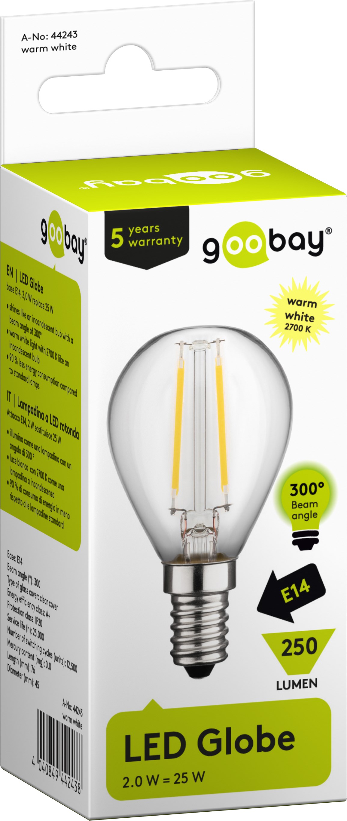 Goobay LEDlampa, glasklart klot, varmvit, E14, 2 Watt