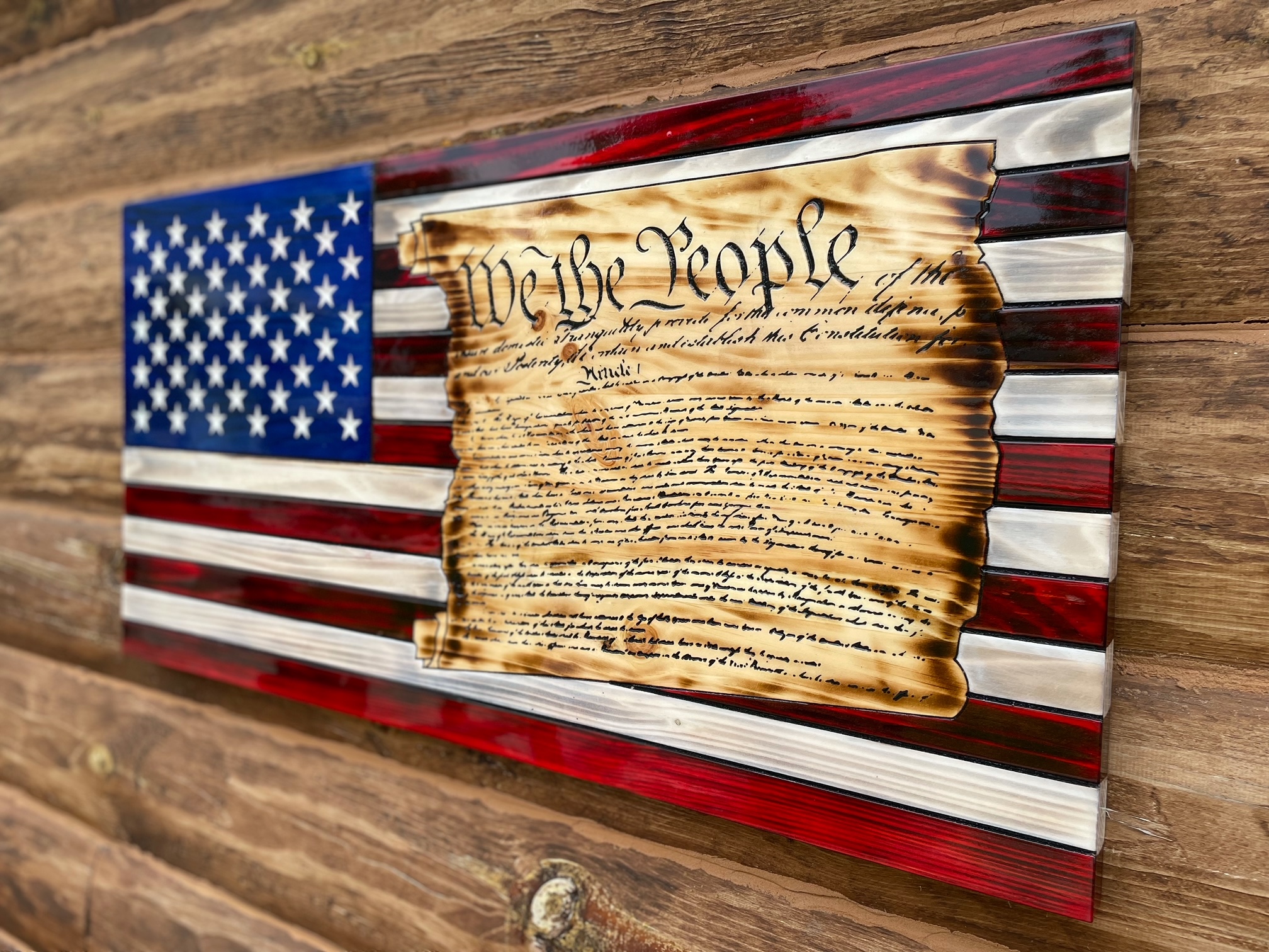 "We the People" Old Glory Rustic Wooden American Flag/Constitution of