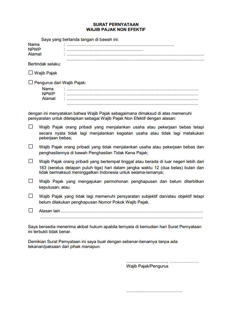 Formulir Surat Pernyataan Wajib Pajak Non Efektif Word