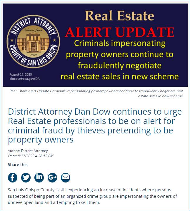 DA Dow Urges Caution From Criminals Impersonating Property Owners 8.18.