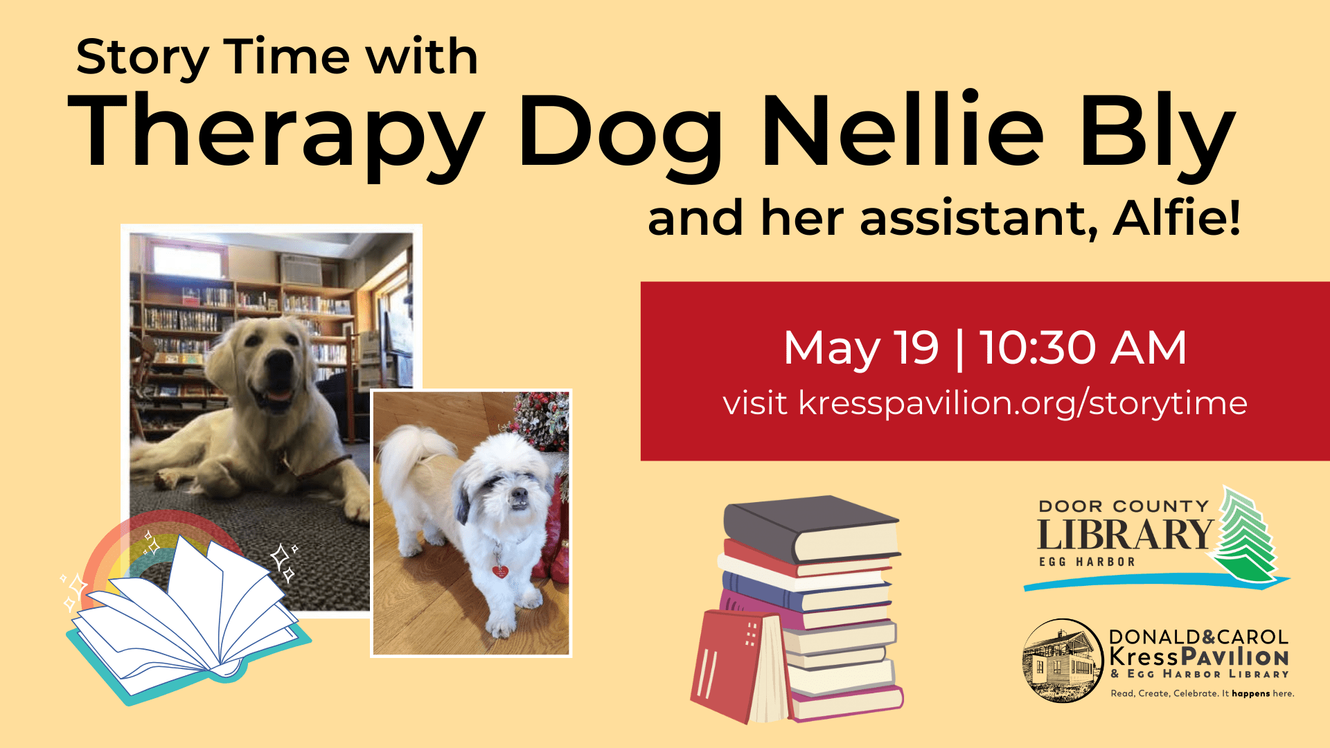 May 19 Storytime with Therapy Dogs Nellie Bly and Alfie Kress Pavilion