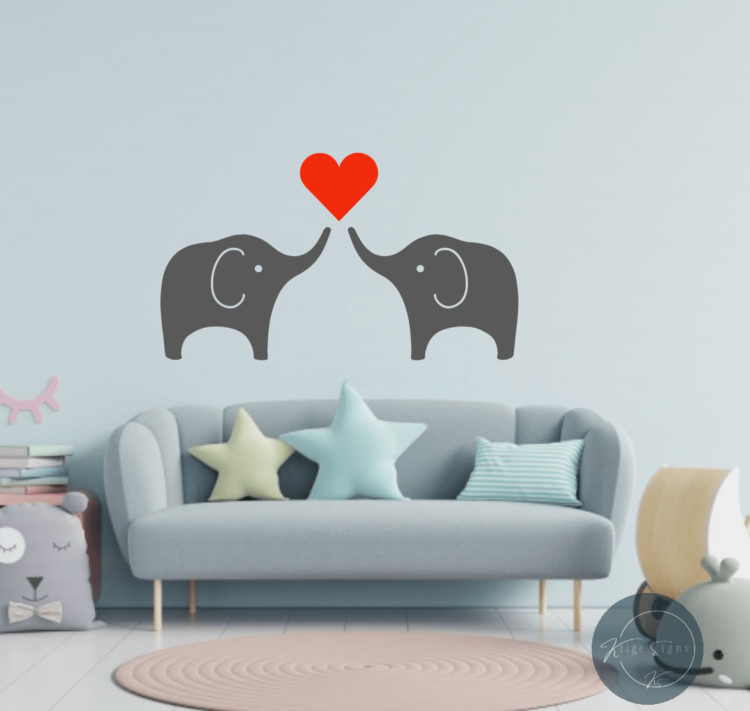 50183 " Two elephants + heart matt vinyl wall art decal. Decal sizes