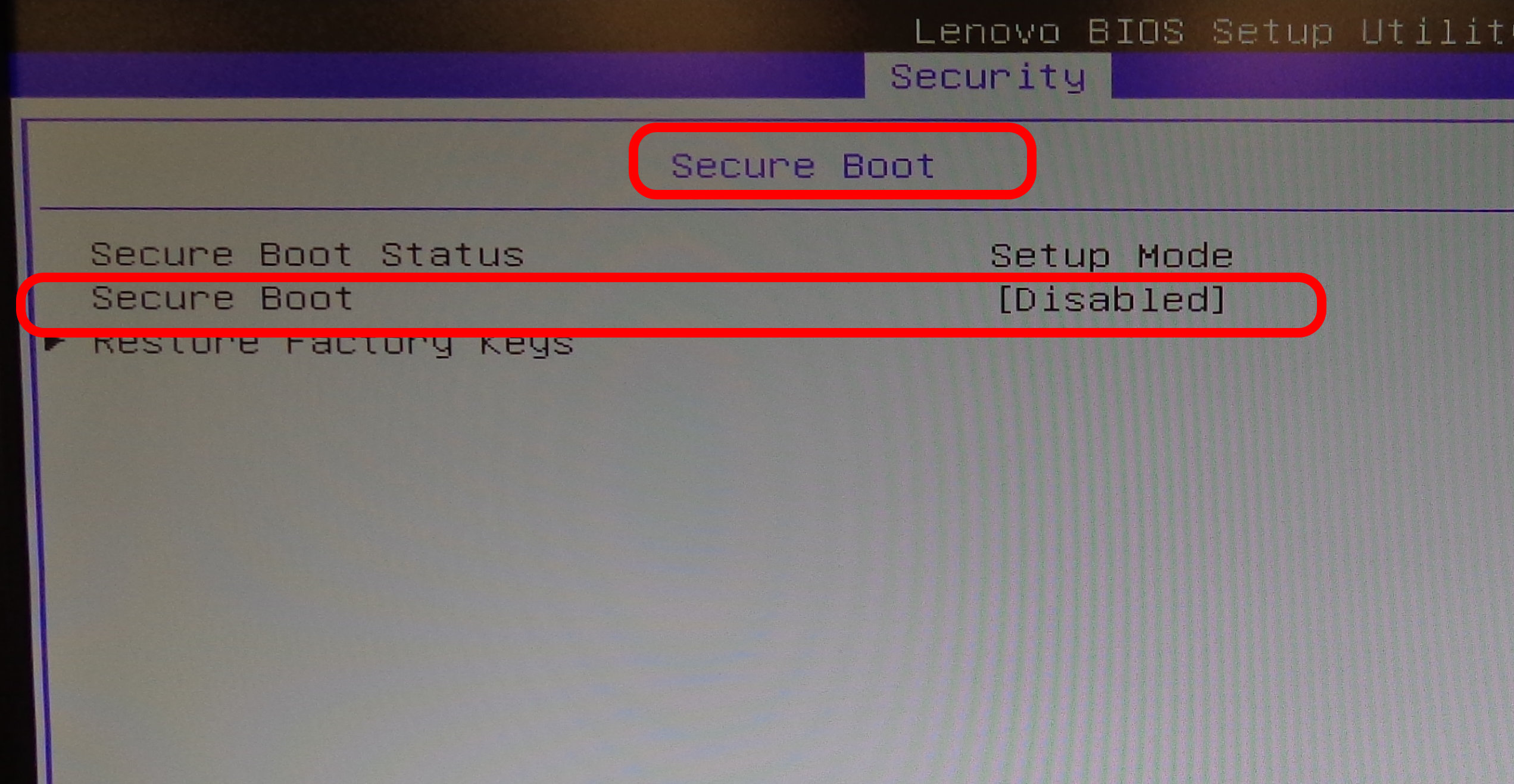 Lenovo BIOS Security Tab Secure Boot Sub Menu Secure Boot