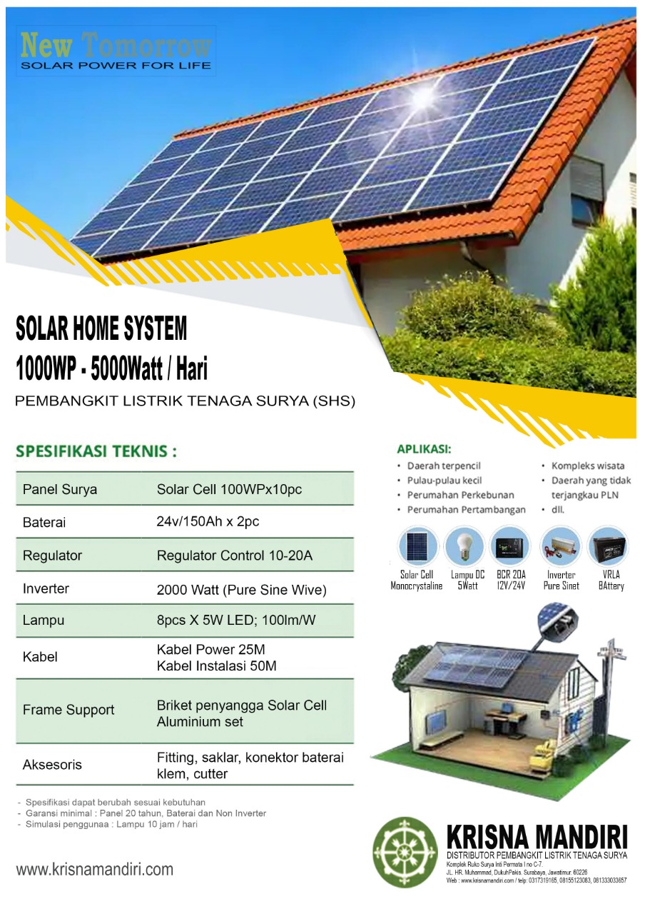 PLTS Offgrid/Ongrid 1000 WP 5000 Watt/hari Distributor Tenaga Surya
