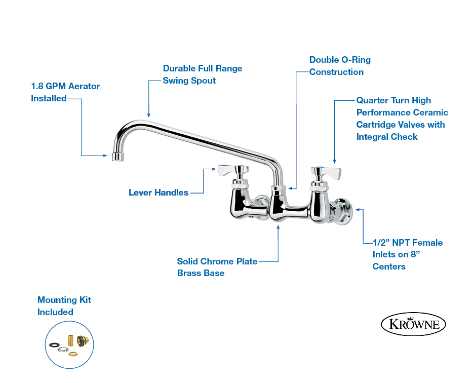 Royal Series 8" Center Wall Mount Faucet with 8" Spout Krowne