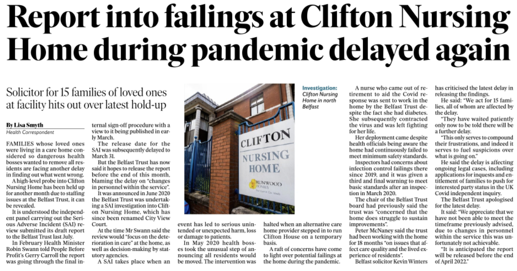 Belfast Telegraph eport into failings at Clifton Nursing Home during