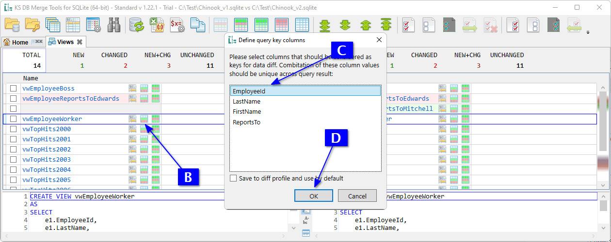 KS DB Merge Tools for SQLite Use Cases Compare view result