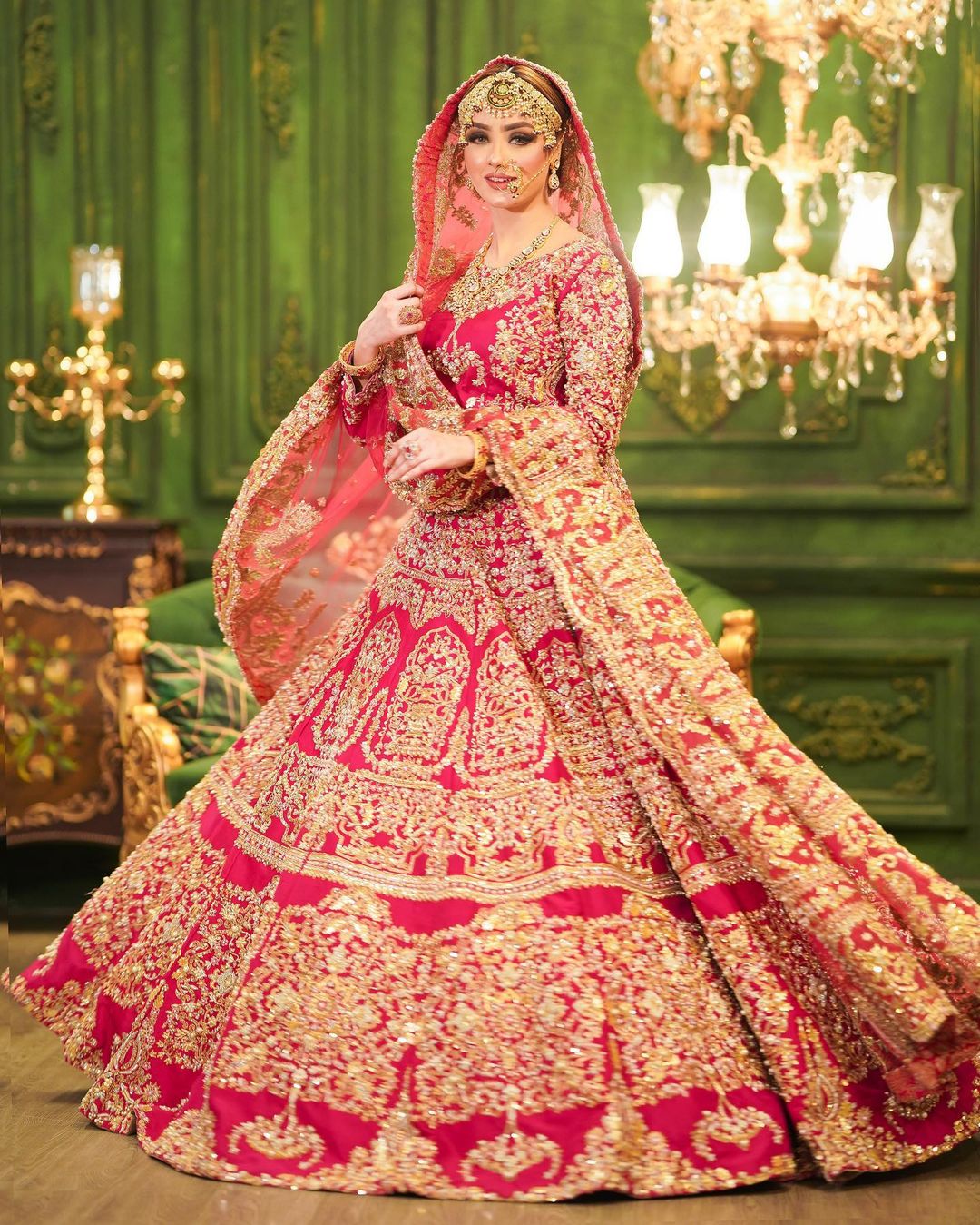 RANI PINK WEDDING LEHENGA WITH GOLDEN EMBROIDERY CHOLI