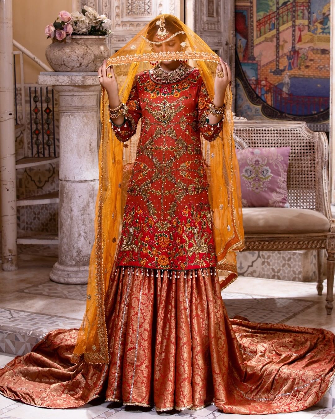 Pakistani Bridal long Trail Lehenga with Embroidered Kurti Collection