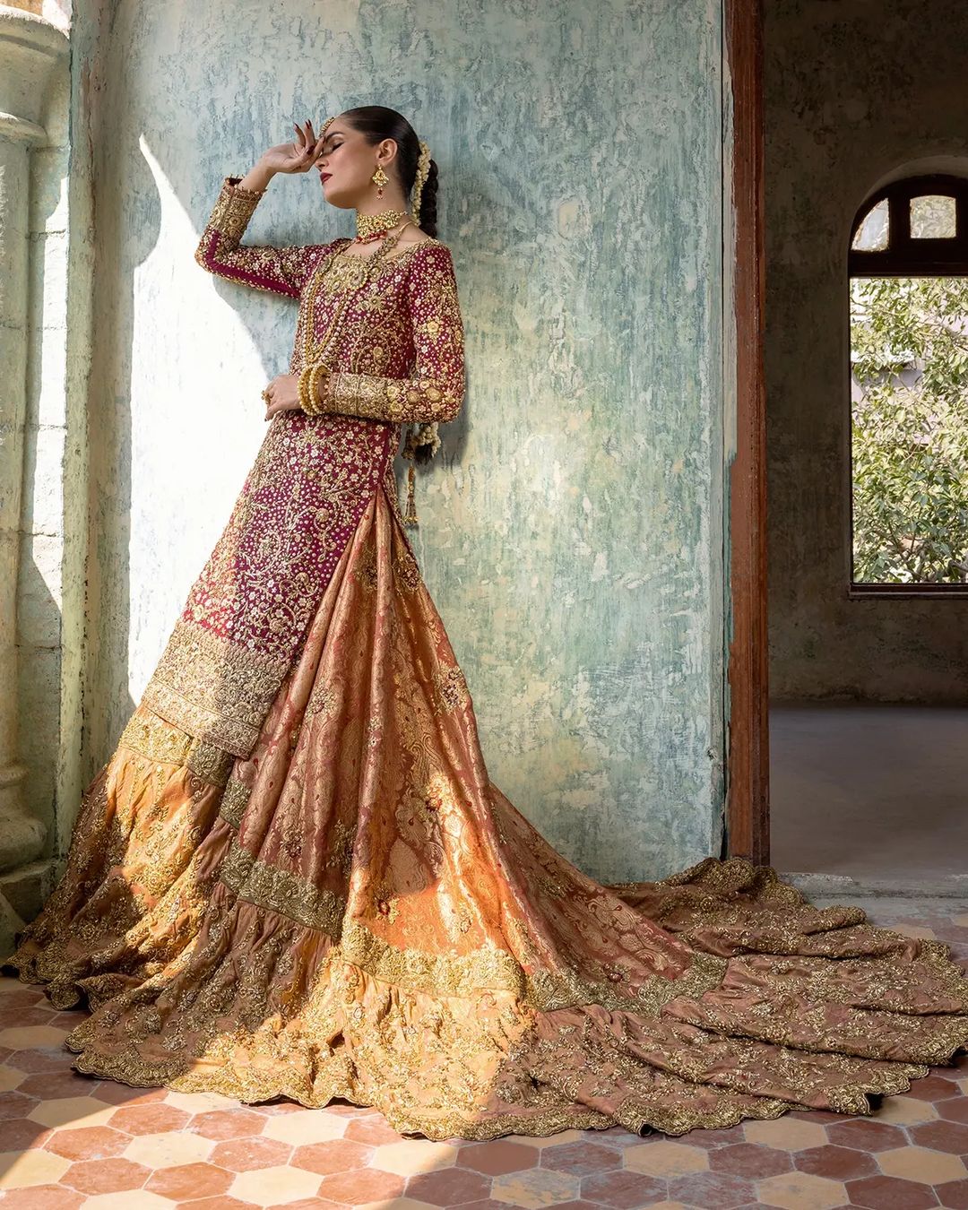 Classy Pakistani Pink and Golden Farshi Lehenga with Embroidered Kurti