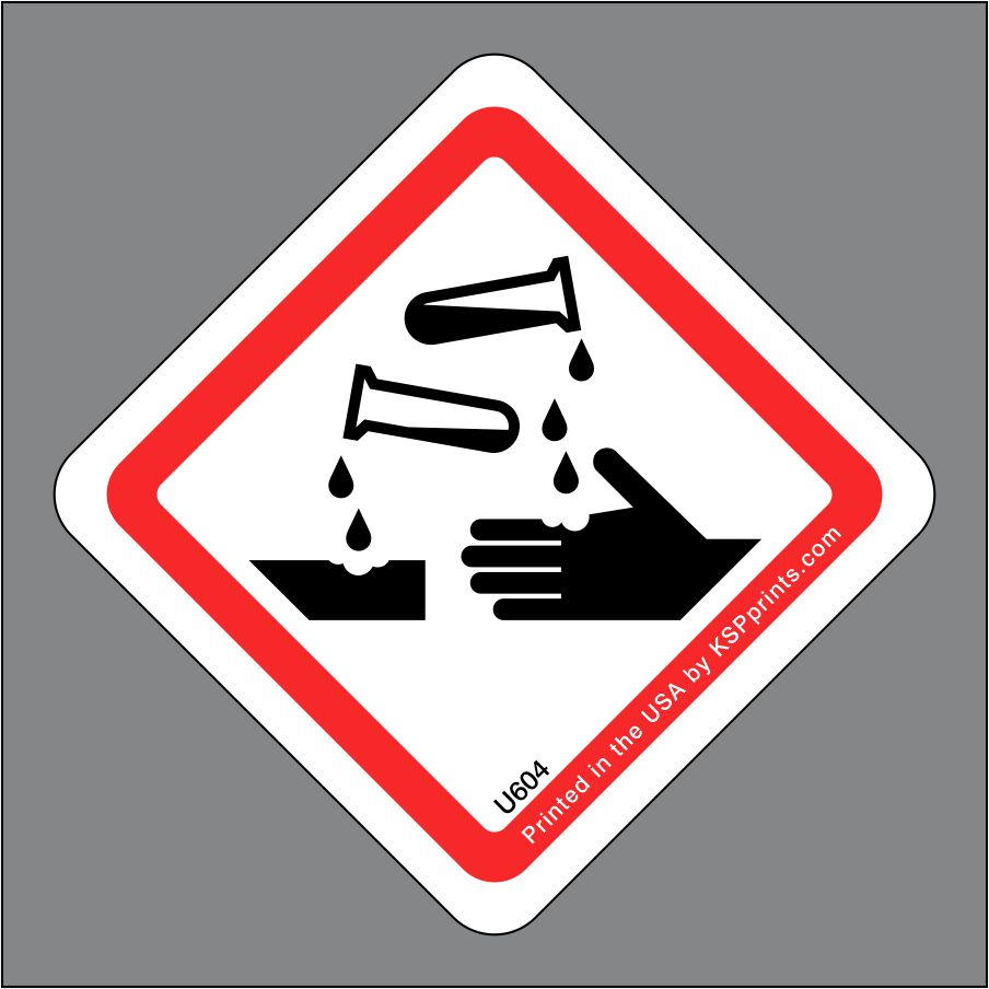 Use a corrosion symbol label to make people aware of workplace hazards.