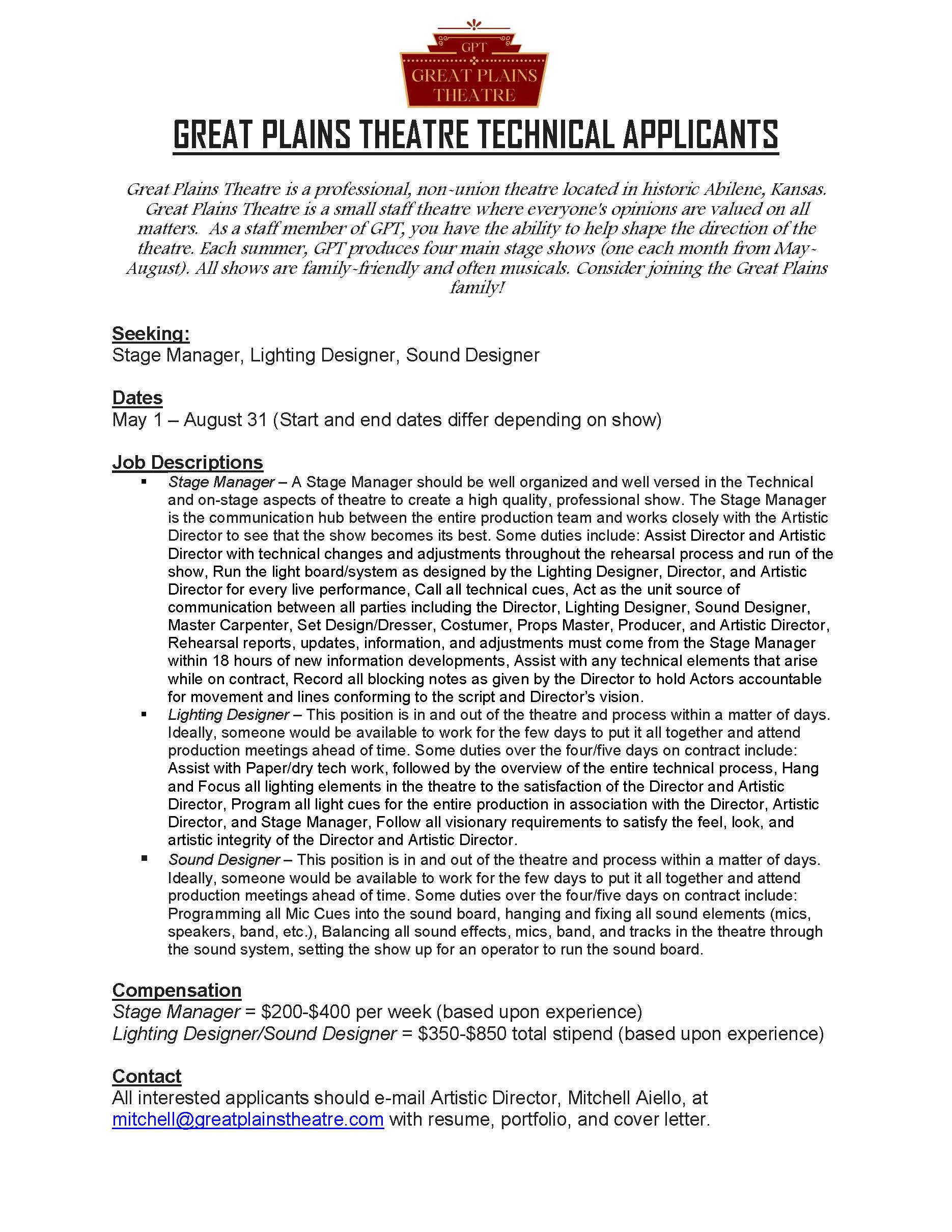 Great Plains Theatre Tech Jobs KState MTD