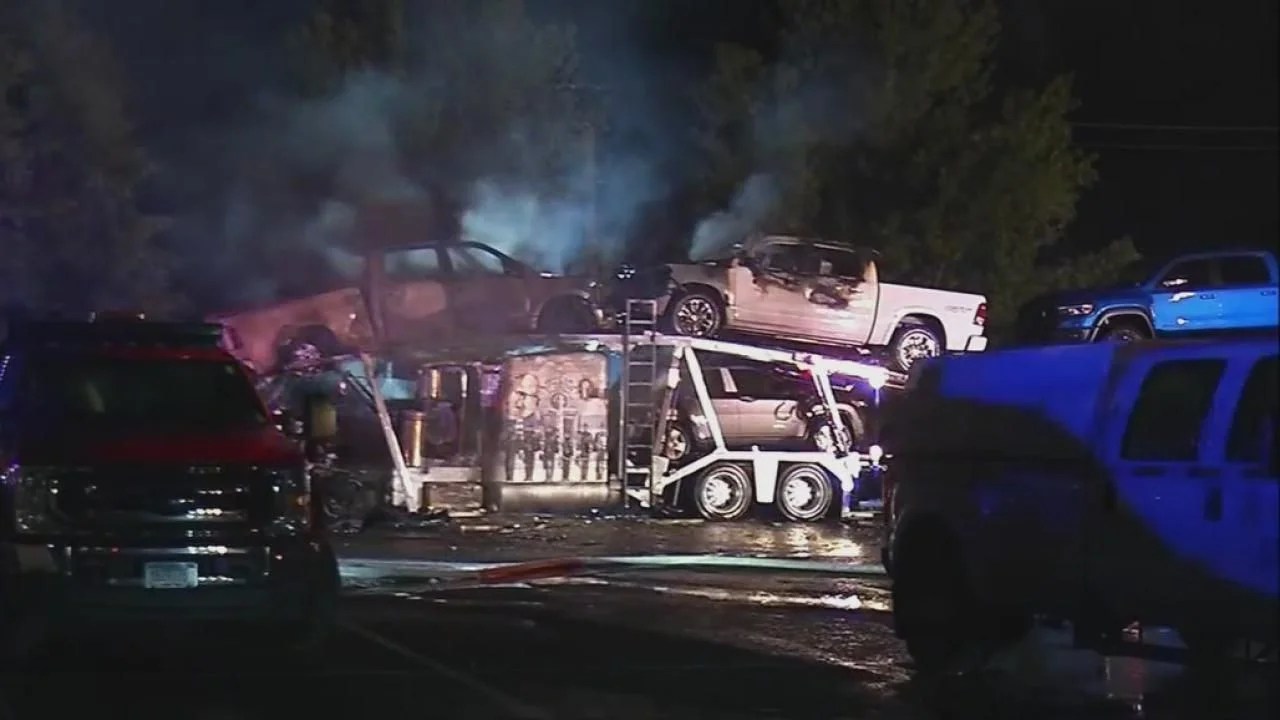 Semi catches fire in Cottage Grove while carrying cars on trailer