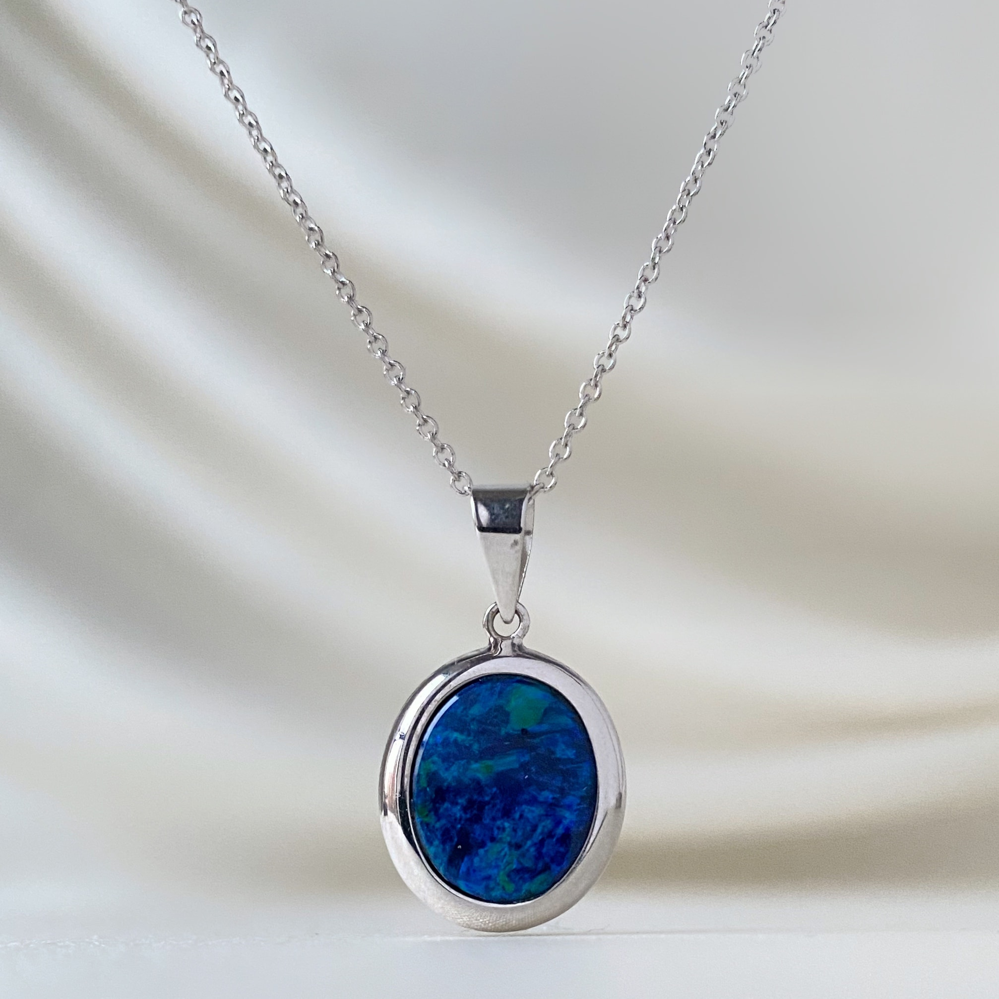 14K White Gold Blue Lagoon Opal Necklace KTCollection