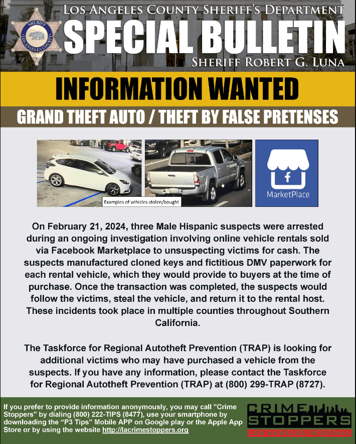 LASD looking for victims of Facebook Marketplace car scam