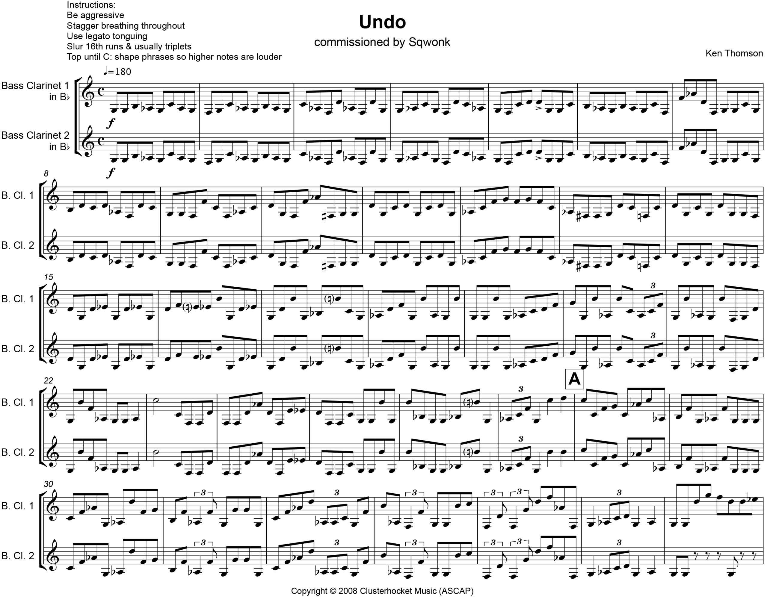 UNDO for bass duo score PDF download Ken Thomson