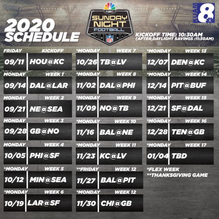 sunday night football schedule 2023-23 2020 Sunday Night Football NFL Season Schedule News On
