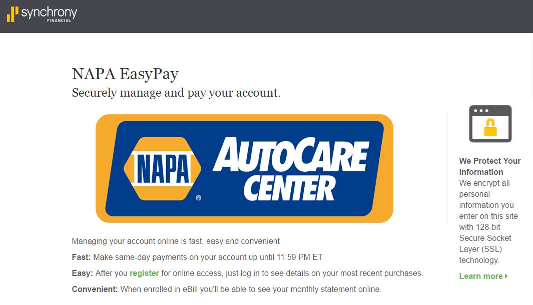 NAPA EasyPay Credit Card Payment Options Synchrony Online Banking